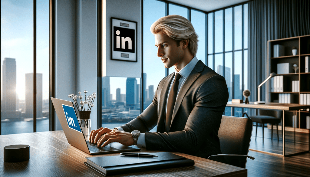 סביבה משרדית מודרנית המציגה איש מקצוע בלונדיני שעובד על מחשב נייד עם אתר LinkedIn פתוח. האיש בלבוש עסקי, עמ'